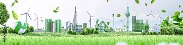 Fototapeta Eco-Friendly Energy Revolution: Abstract Green Factory with Hydrogen Pipelines and Wind Turbines. Sustainable Industrial Concept for Environmental Protection Day. Minimalist Composition Ideal for UI, 