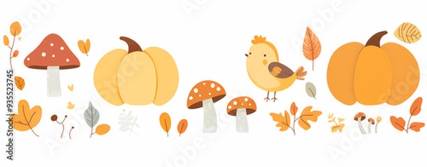 Fototapeta Whimsical Autumn Illustration of a Cheerful Pumpkin with Playful Birds and Mushrooms, Featuring Cozy Fall Leaves and a Warm Color Palette in a Cartoonish Style