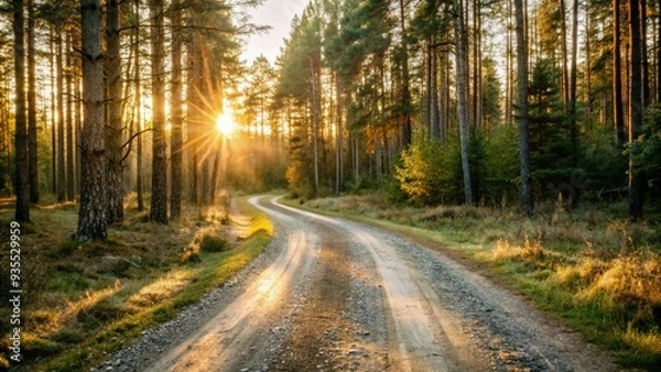 Fototapeta A serene dirt road winding through a forest, illuminated by the warm hues of a sunset in the background