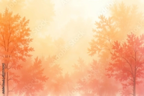 Fototapeta Ethereal autumn forest landscape with orange trees and misty atmosphere