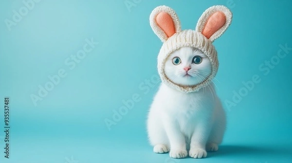 Fototapeta Funny white cat in hat with bunny ears on blue background : Generative AI