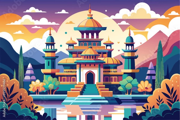 Fototapeta Colorful Illustration of a Grand Palace with Minarets and a Pool