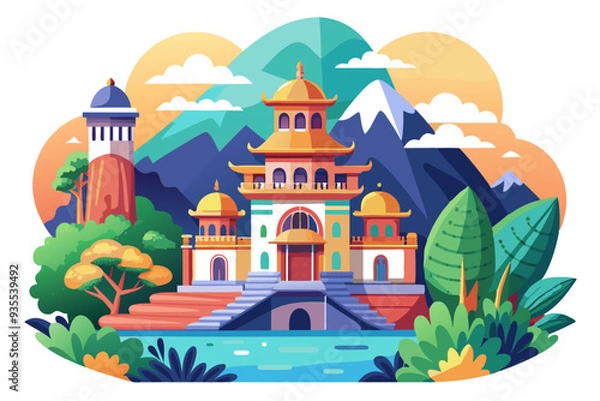 Fototapeta A Colorful Pagoda in a Mountainous Landscape with a River