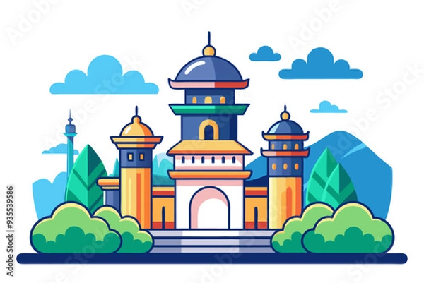 Fototapeta A Colorful Cartoon Illustration of a Mosque in a Landscape