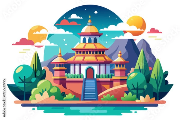 Fototapeta Colorful Illustration of a Pagoda with Surrounding Mountains and Trees