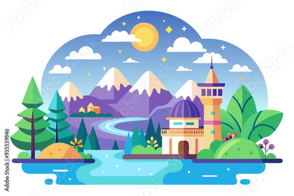 Fototapeta Colorful Illustration of a Landscape with a Tower and Mountains