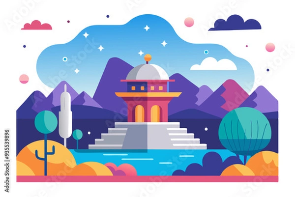 Fototapeta A Flat-Design Illustration of a Pagoda in a Mountainous Landscape with a Lake