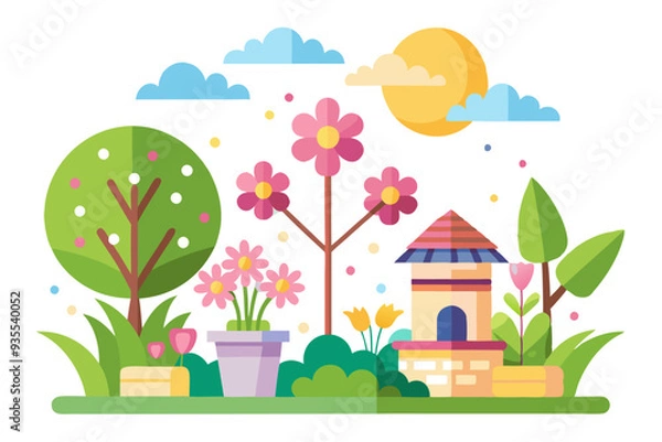 Fototapeta Colorful illustration of a charming cottage garden with flowers and trees