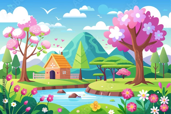 Fototapeta Cottage in a Springtime Landscape with a River