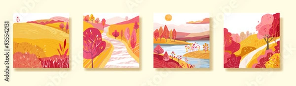 Fototapeta Set of posters with Autumn nature. Sun over the river. Hand drawn. Hilly terrain with paths. Postcard background. Print on a notebook, dishes or wallpaper. Vector