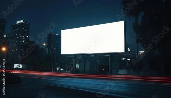 Fototapeta A blank white street billboard at night, with no text or images on the screen. 