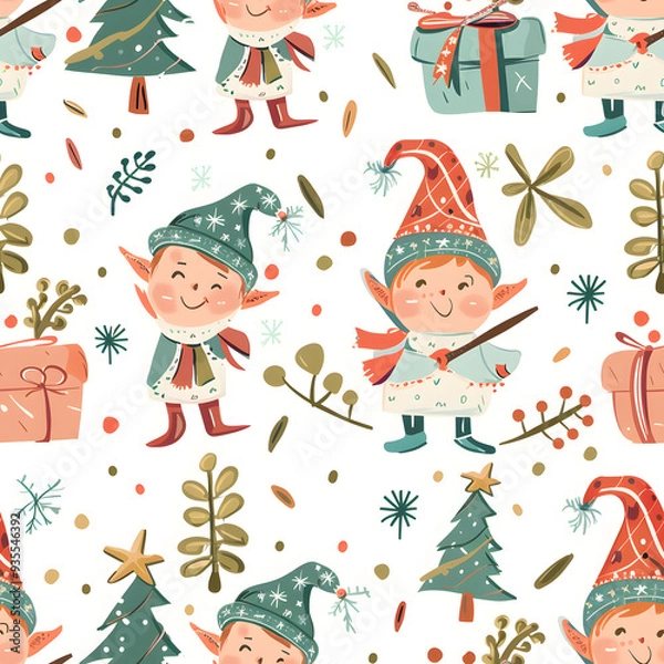 Fototapeta New Year's and Christmas festival seamless pattern in a 2D doodle illustrator style on pastel color backgrounds for graphic advertising.