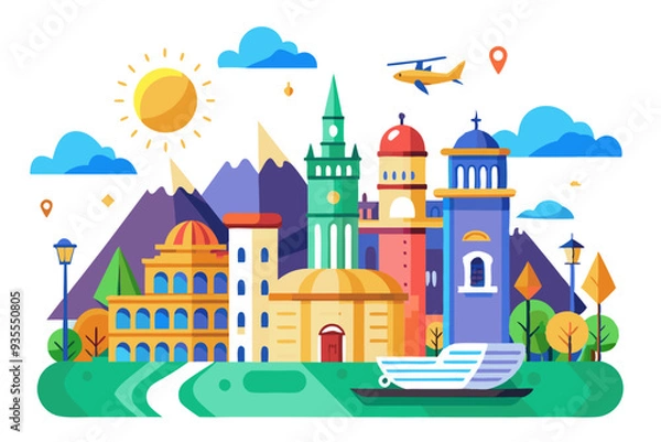 Fototapeta Colorful Cityscape with Buildings, Sun, Clouds, and Helicopter