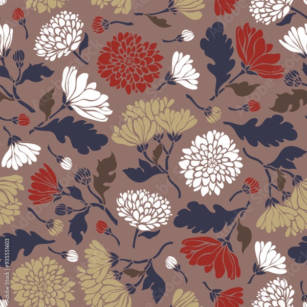 Fototapeta Seamless pattern with chrysanthemums in blue, red and beige colors. Background for fabric, wallpaper, various surfaces. Vector illustration.