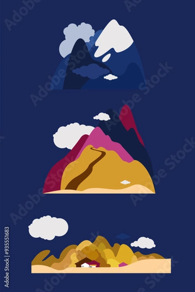 Fototapeta Three natural objects in the landscape. Village in the desert, snowy mountain peaks, road into the hills. Vector illustration.
