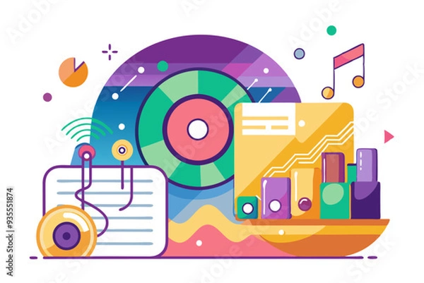 Fototapeta Abstract Colorful Composition with Geometric Shapes and Music Elements