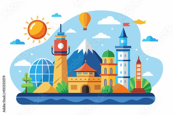 Fototapeta A Colorful Cityscape with Buildings, a Mountain, a Hot Air Balloon, and a Sun