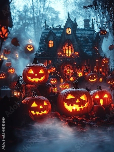 Fototapeta A spooky Halloween night scene with glowing jackolanterns, fog, and creepy decorations, setting the stage for a night of scary surprises and festive excitement Copy space available