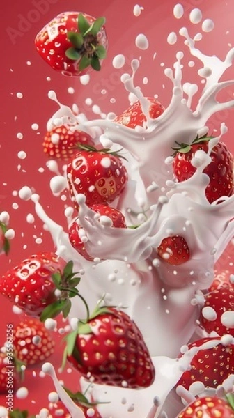 Fototapeta Juicy strawberries are captured mid-splash, surrounded by a creamy liquid against a bright pink backdrop, creating an enticing and energetic composition