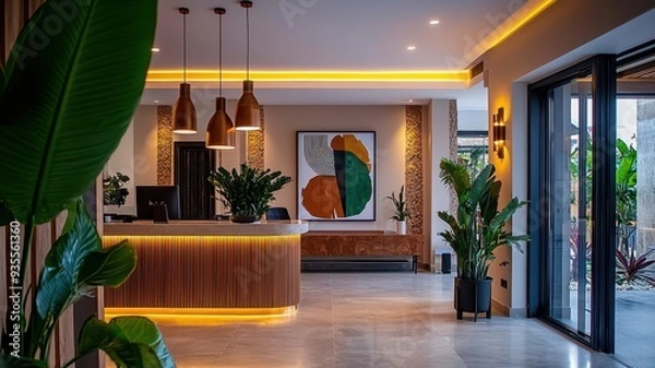 Obraz Modern hotel lobby with wooden reception desk, stylish lighting, and tropical plants creating a warm atmosphere.