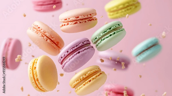 Fototapeta Cascade of rainbow-colored macarons falling through the air on soft pink background
