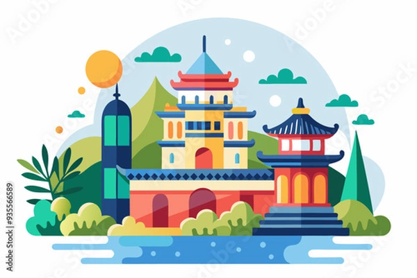 Fototapeta Colorful Illustration of Two Pagoda-Like Structures Surrounded by Lush Green Landscape