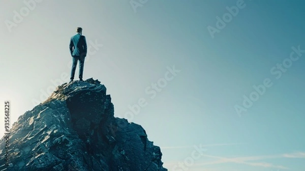 Fototapeta Triumph in Sight - Successful Businessman Achieving Career Milestone atop Mountain Peak Admiring Panoramic View