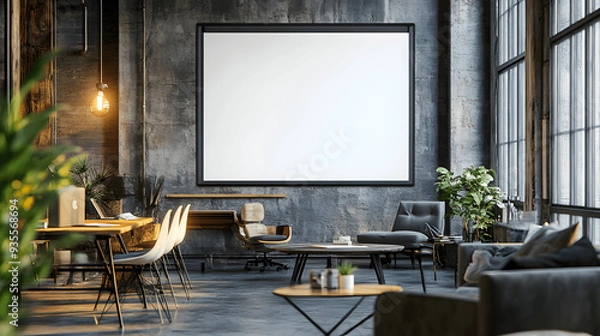 Fototapeta Well-lit creative workspace with blank whiteboard and stylish furniture, copy space