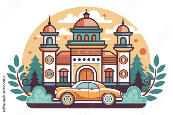 Fototapeta A Retro Car Parked in Front of a Mosque Illustration