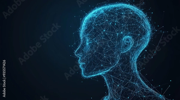 Fototapeta Polygonal futuristic mesh with human head model. Artificial intelligence, connection technology. Generative AI