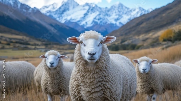 Fototapeta Flock of sheep grazing in the mountains during autumn with snow-capped peaks in the background