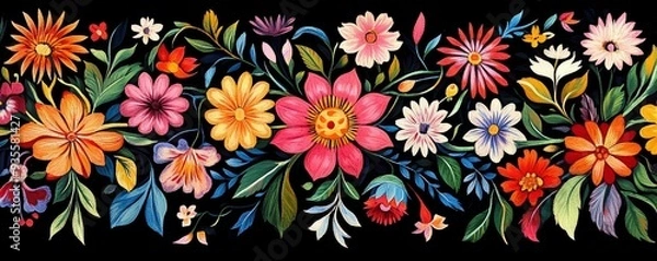 Fototapeta Vibrant Hand-Painted Floral Border with Multicolored Flowers on Black Background, folk art, floral pattern, painting, flowers