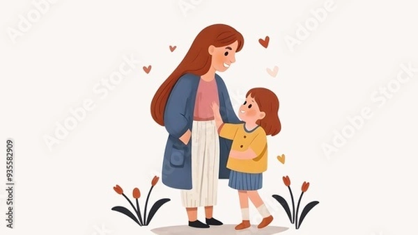 Fototapeta Mother and daughter are walking in the park. Cartoon illustration in flat style with copy space for design, template, artwork, wallpaper, backdrop