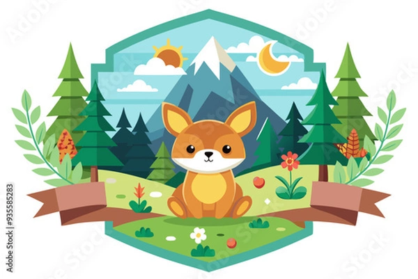 Fototapeta Cartoon Fox in a Mountainous Forest Setting with a Sun and Moon