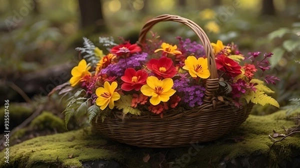 Fototapeta A rustic basket filled with vibrant red, yellow, and purple flowers resting on a bed of moss in a tranquil forest glade
