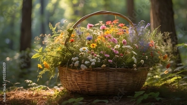Fototapeta A woven basket overflowing with wildflowers in a sunlit forest clearing, surrounded by tall trees and dappled light filtering through the canopy