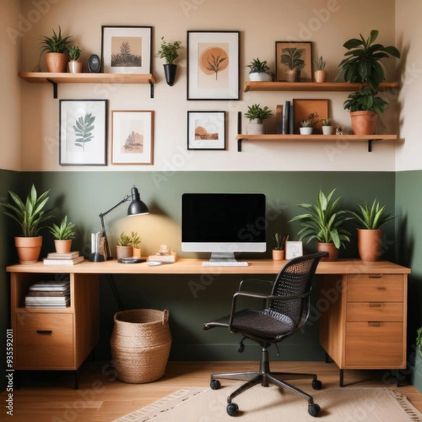 Fototapeta Interior of home workspace with computer and shelves with lots of indoor green plants