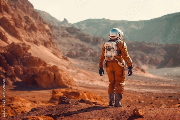 Fototapeta Astronaut exploring a Mars-like rocky landscape. Generative AI image