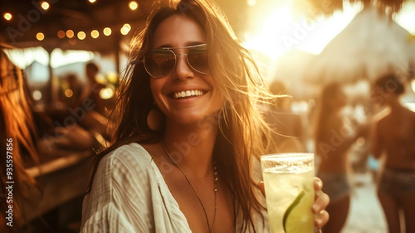 Fototapeta Smiling woman enjoying a beach party at sunset. Generative AI image