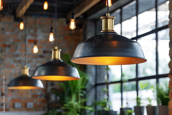 Fototapeta Elegant pendant lights in modern industrial interior. Generative AI image