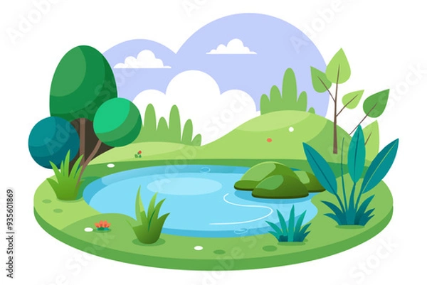 Fototapeta Cartoon Illustration of a Pond with Surrounding Trees and Grass