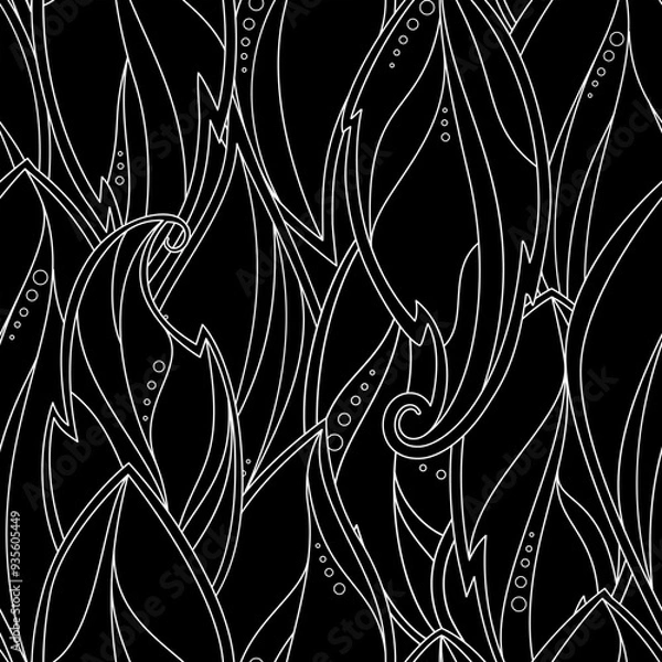 Fototapeta Seamless pattern of black and white leaves. Fantasy leaves with veins and circles. Black and white background. Vector illustration.