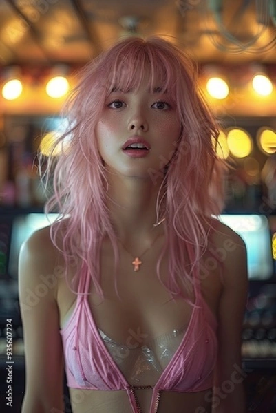 Fototapeta Full-length image of a beautiful Japanese model in a pink wig and cheerful school uniform, having a great time singing karaoke with friends in a vibrant bar setting