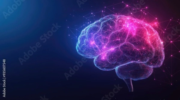 Obraz A futuristic human brain formed by neon lines and connections, with empty space beside it for text or branding.