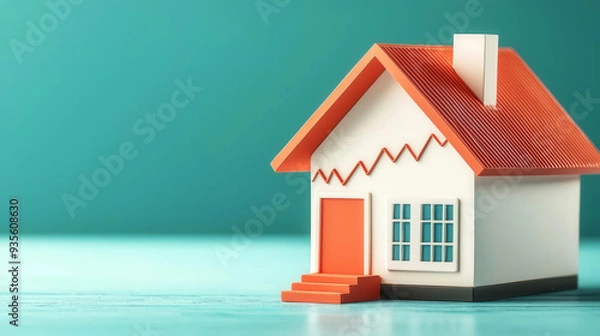 Fototapeta House model with inflation graph, close-up view, financial crisis, 3D illustration