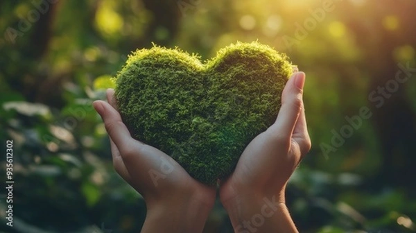 Fototapeta Hands Holding Green Heart Shaped Tree In Forest With Moss And Sunlight Background - Ecology And Caring For The Environment Concept with generative ai