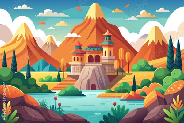 Fototapeta A Majestic Castle Nestled in a Mountainous Landscape with a River Winding Through