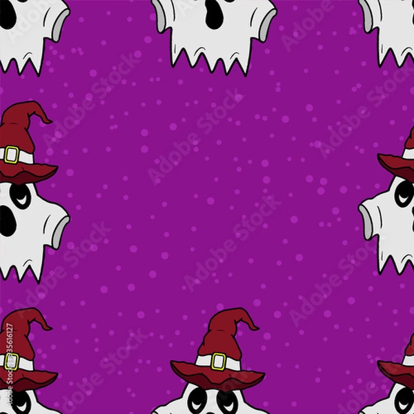 Fototapeta Seamless vector Halloween pattern with ghosts and colorful witch hats. Simple doodle style