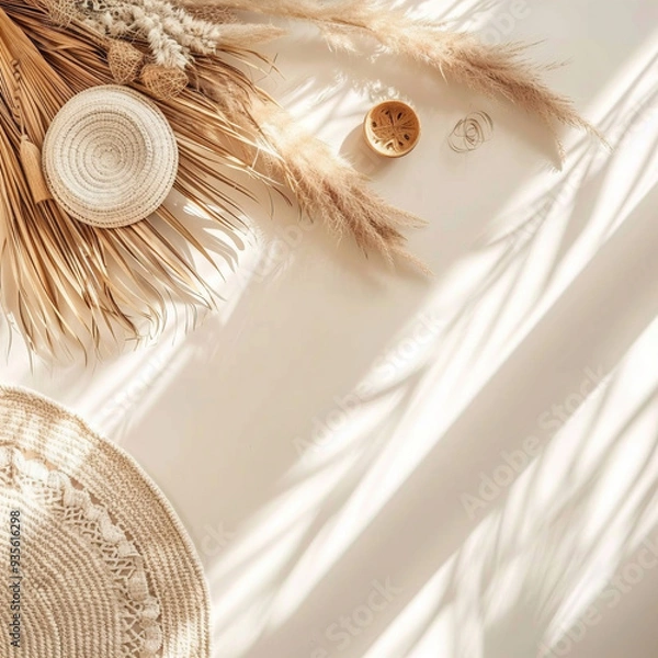 Fototapeta Boho home decor flat lay background, natural details and decoration in bright summer daylight