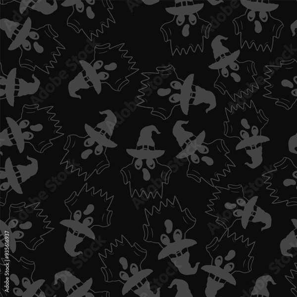 Fototapeta Seamless vector Halloween pattern with ghosts and colorful witch hats. Simple doodle style